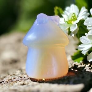 Pink Opalite Cottagecore Carved Mushroom House for Self Love 2 inches
